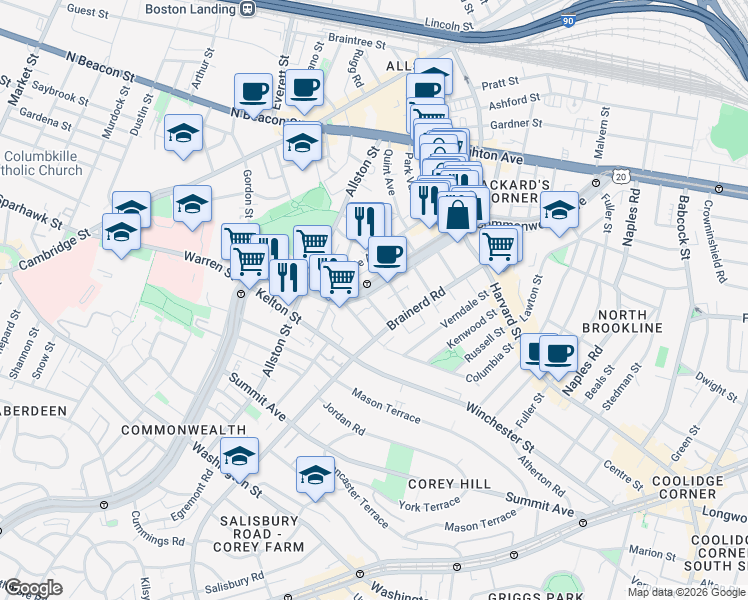 map of restaurants, bars, coffee shops, grocery stores, and more near 1322 Commonwealth Avenue in Boston
