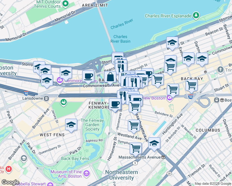 map of restaurants, bars, coffee shops, grocery stores, and more near 408 Newbury Street in Boston