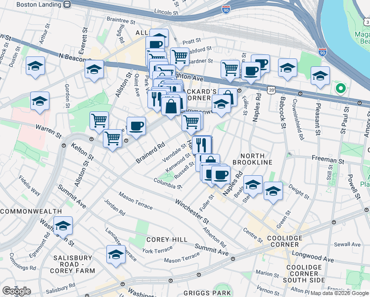 map of restaurants, bars, coffee shops, grocery stores, and more near 12 Verndale Street in Brookline