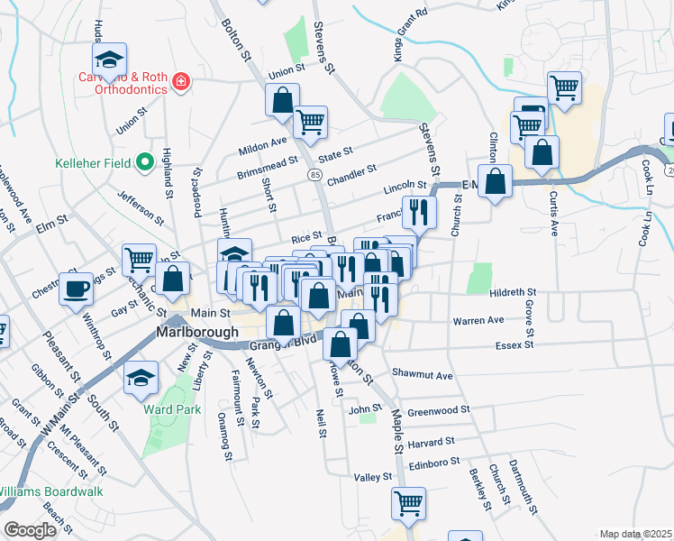 map of restaurants, bars, coffee shops, grocery stores, and more near 22 Bolton Street in Marlborough
