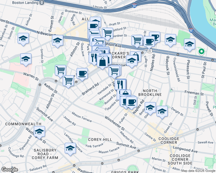 map of restaurants, bars, coffee shops, grocery stores, and more near 16 Verndale Street in Brookline