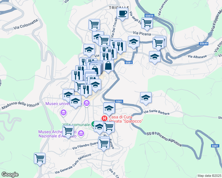 map of restaurants, bars, coffee shops, grocery stores, and more near 85 Via delle Terme Romane in Chieti