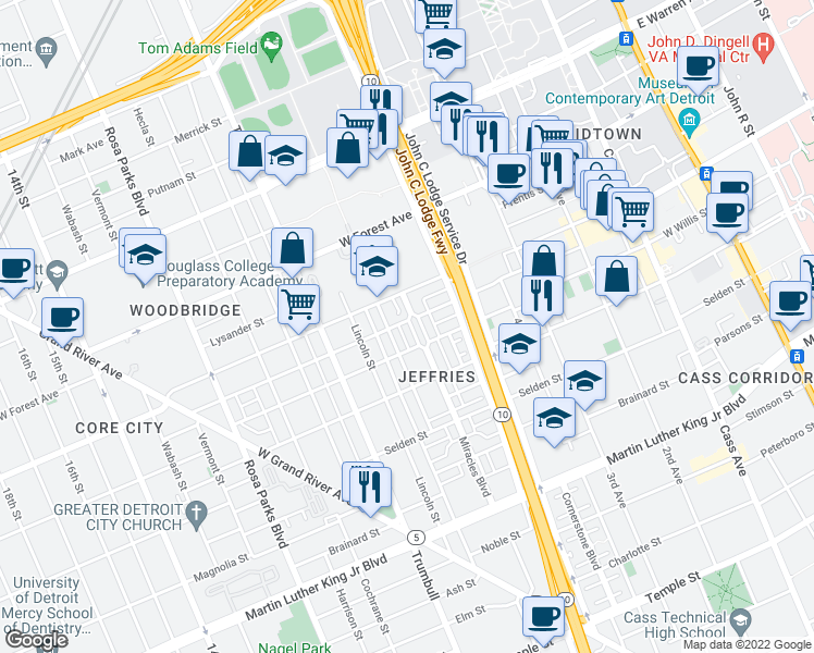 map of restaurants, bars, coffee shops, grocery stores, and more near 4239 Miracles Boulevard in Detroit