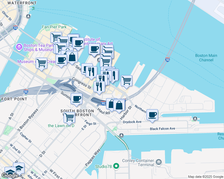 map of restaurants, bars, coffee shops, grocery stores, and more near 1 Park Lane in Boston
