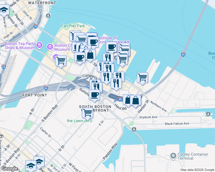 map of restaurants, bars, coffee shops, grocery stores, and more near 505 Congress Street in Boston