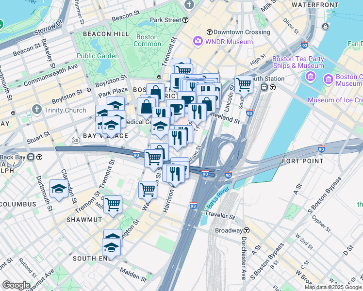 map of restaurants, bars, coffee shops, grocery stores, and more near 232 Harrison Avenue in Boston