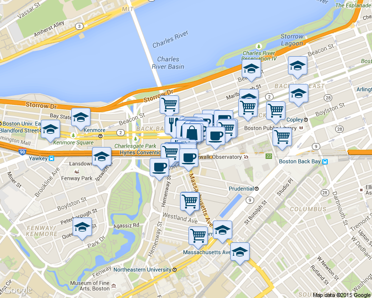 map of restaurants, bars, coffee shops, grocery stores, and more near 360 Newbury Street in Boston