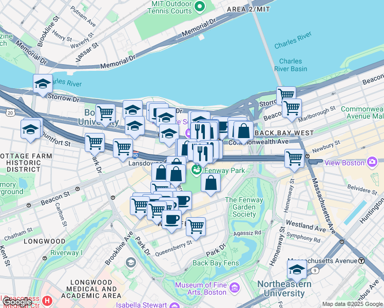 map of restaurants, bars, coffee shops, grocery stores, and more near 603 Newbury Street in Boston