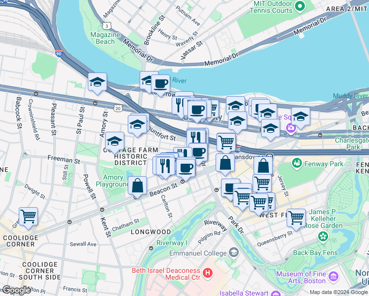 map of restaurants, bars, coffee shops, grocery stores, and more near 7 Euston Street in Brookline