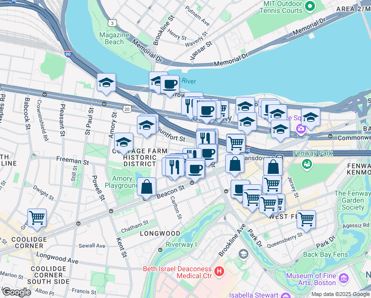 map of restaurants, bars, coffee shops, grocery stores, and more near 7 Euston Street in Brookline
