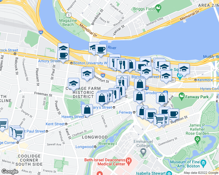 map of restaurants, bars, coffee shops, grocery stores, and more near 7 Euston Street in Brookline