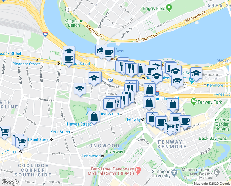map of restaurants, bars, coffee shops, grocery stores, and more near 7 Euston Street in Brookline