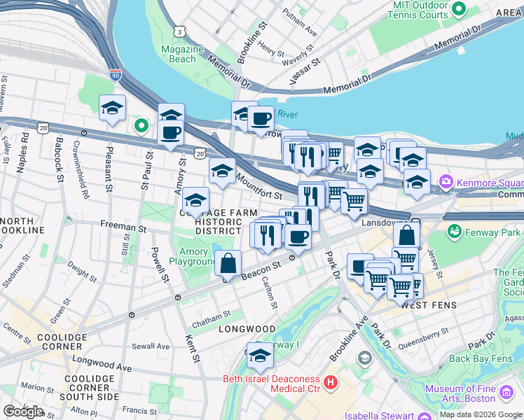 map of restaurants, bars, coffee shops, grocery stores, and more near 121 Carlton Street in Brookline