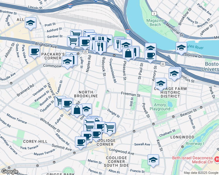 map of restaurants, bars, coffee shops, grocery stores, and more near 145 Babcock Street in Brookline