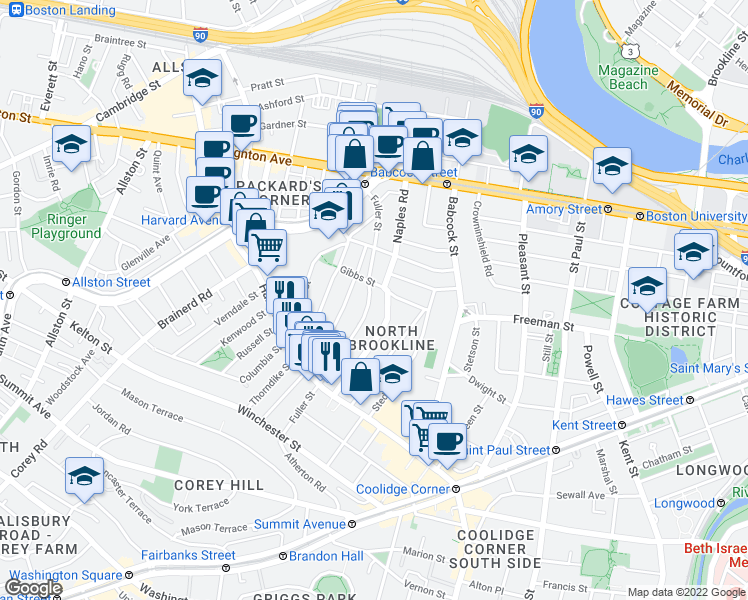 map of restaurants, bars, coffee shops, grocery stores, and more near in Brookline
