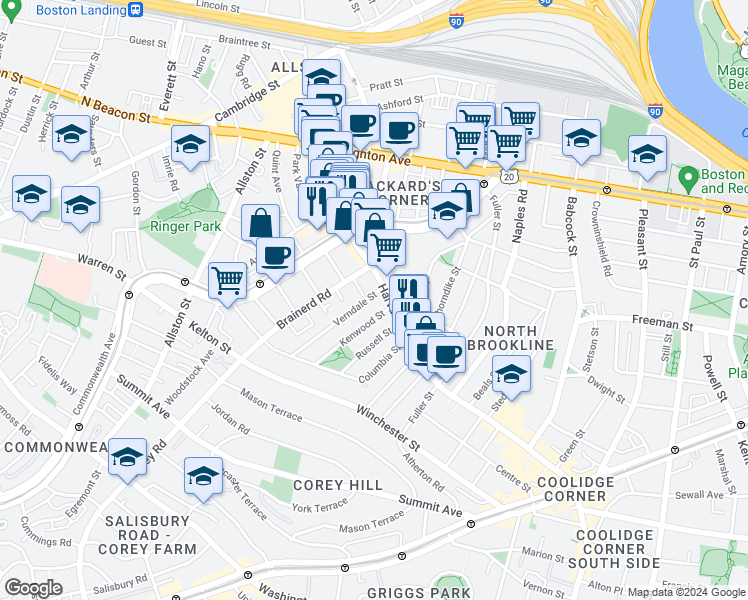 map of restaurants, bars, coffee shops, grocery stores, and more near 16 Verndale Street in Brookline
