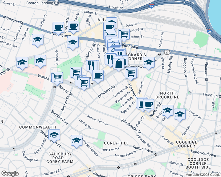map of restaurants, bars, coffee shops, grocery stores, and more near 65 Brainerd Road in Boston