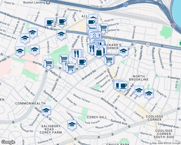 map of restaurants, bars, coffee shops, grocery stores, and more near 65 Brainerd Road in Boston