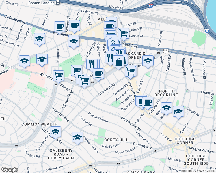 map of restaurants, bars, coffee shops, grocery stores, and more near 65 Brainerd Road in Boston