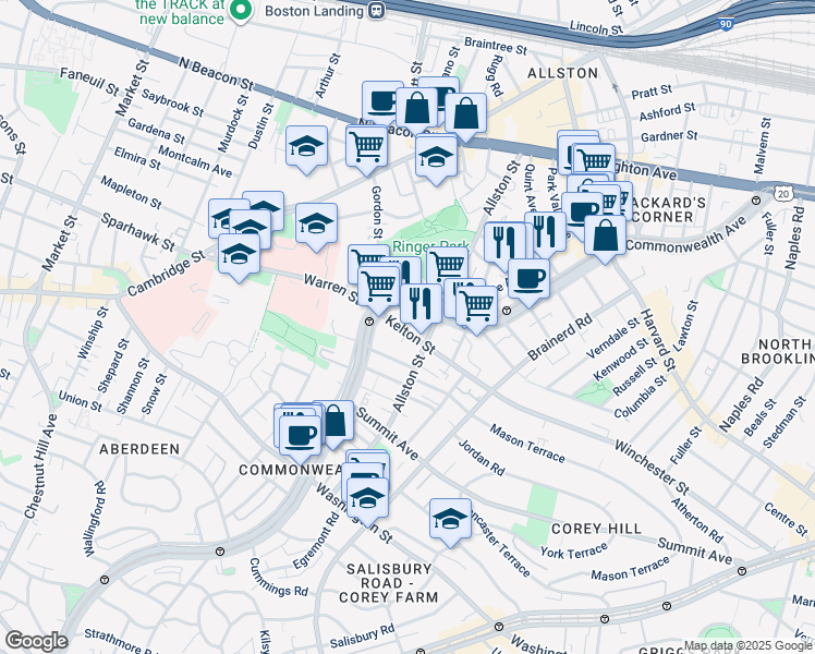 map of restaurants, bars, coffee shops, grocery stores, and more near 153 Kelton Street in Boston