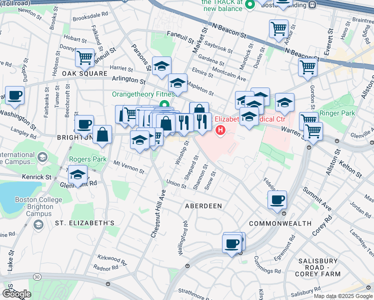 map of restaurants, bars, coffee shops, grocery stores, and more near 18 Winship Street in Boston