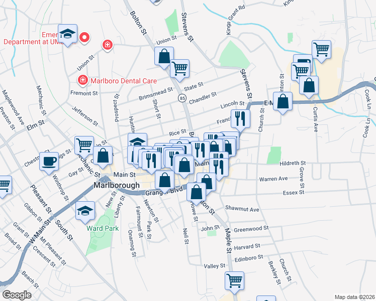 map of restaurants, bars, coffee shops, grocery stores, and more near 22 Bolton Street in Marlborough