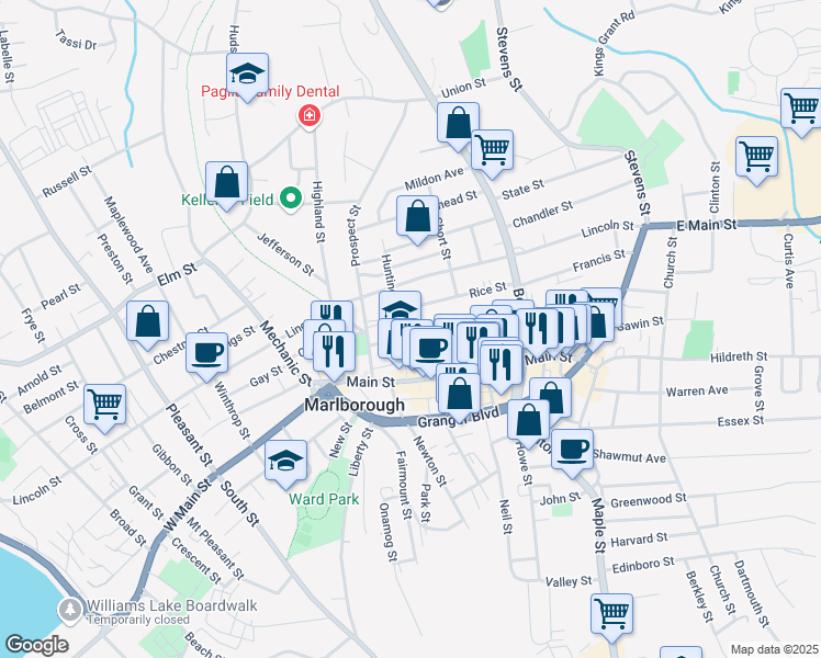 map of restaurants, bars, coffee shops, grocery stores, and more near 93 Washington Street in Marlborough