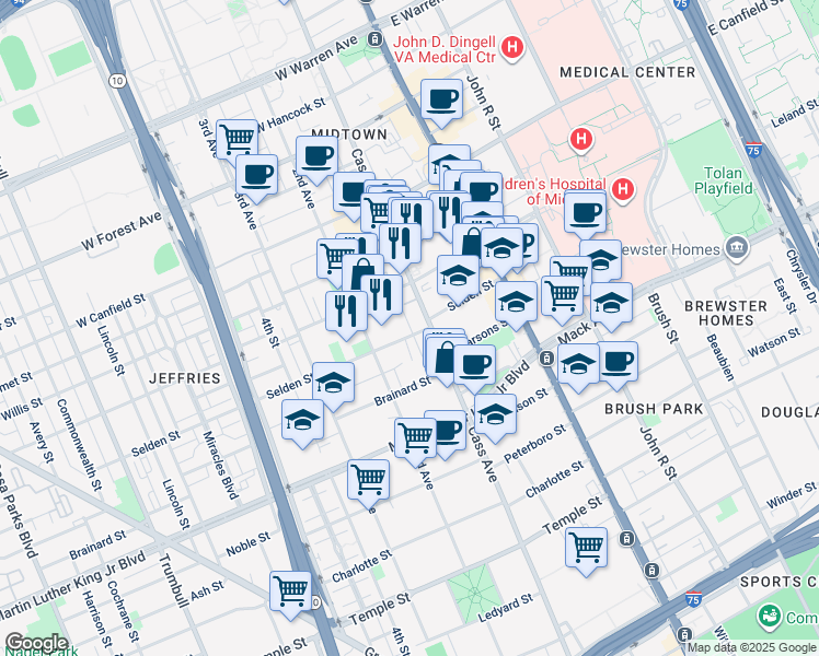 map of restaurants, bars, coffee shops, grocery stores, and more near 3901 Cass Avenue in Detroit