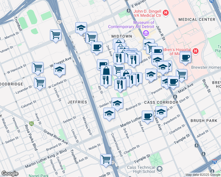 map of restaurants, bars, coffee shops, grocery stores, and more near 711 West Alexandrine Street in Detroit