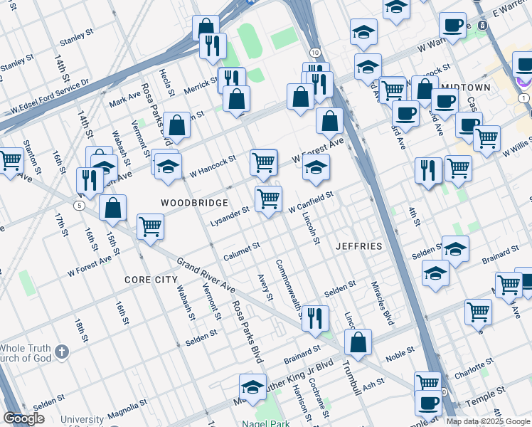 map of restaurants, bars, coffee shops, grocery stores, and more near 4420 Commonwealth Street in Detroit