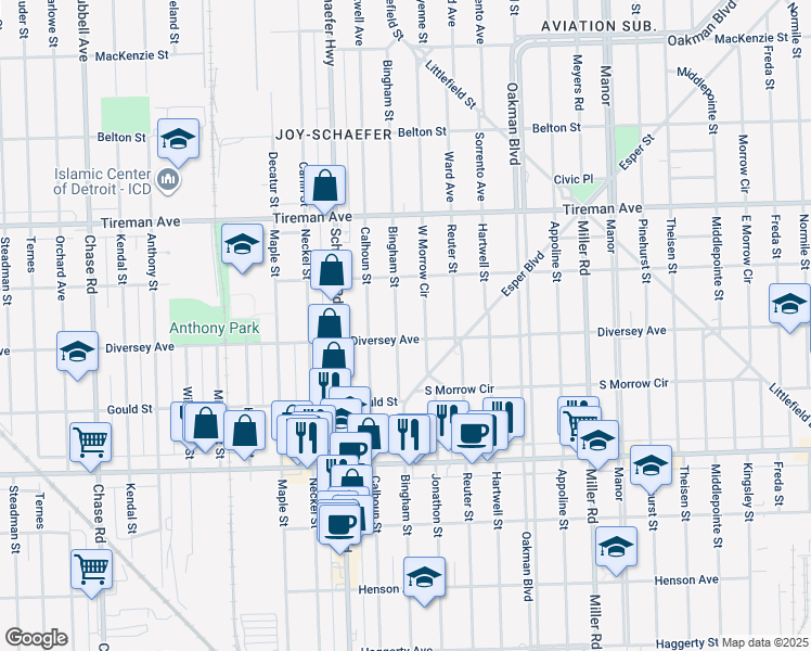 map of restaurants, bars, coffee shops, grocery stores, and more near 7613 Bingham Street in Dearborn