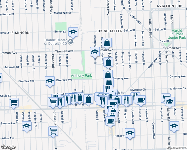 map of restaurants, bars, coffee shops, grocery stores, and more near 7609 Maple Street in Dearborn