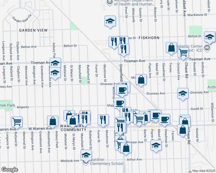 map of restaurants, bars, coffee shops, grocery stores, and more near 7539 Montrose Street in Detroit
