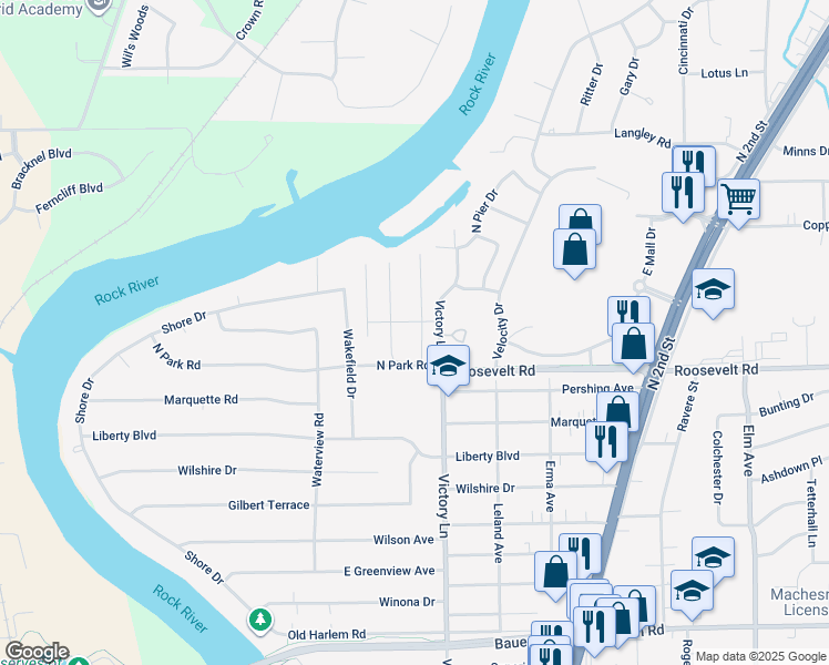 map of restaurants, bars, coffee shops, grocery stores, and more near 239 Northway Park Road in Machesney Park