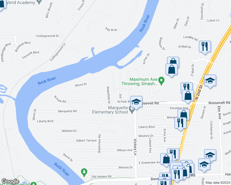 map of restaurants, bars, coffee shops, grocery stores, and more near 331 Northway Park Road in Machesney Park