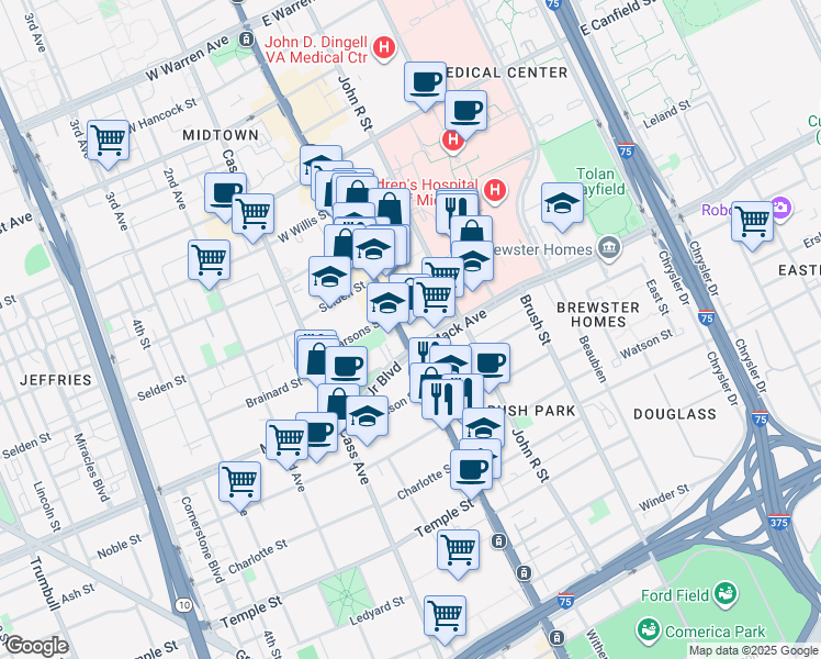 map of restaurants, bars, coffee shops, grocery stores, and more near 3670 Woodward Avenue in Detroit
