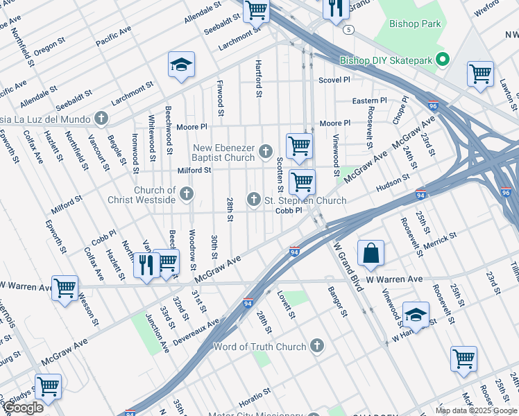 map of restaurants, bars, coffee shops, grocery stores, and more near 6001 Hartford Street in Detroit