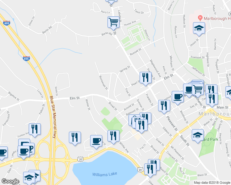 map of restaurants, bars, coffee shops, grocery stores, and more near 104 Spring Street in Marlborough