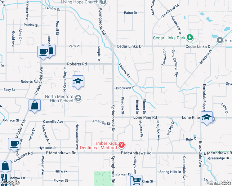 map of restaurants, bars, coffee shops, grocery stores, and more near 1964 Springbrook Road in Medford