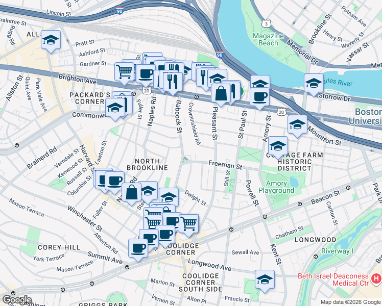 map of restaurants, bars, coffee shops, grocery stores, and more near 145 Babcock Street in Brookline