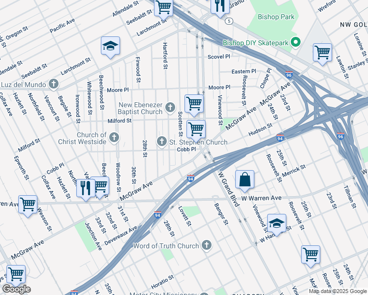 map of restaurants, bars, coffee shops, grocery stores, and more near 6002 Scotten Street in Detroit