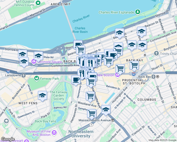 map of restaurants, bars, coffee shops, grocery stores, and more near 360 Newbury Street in Boston