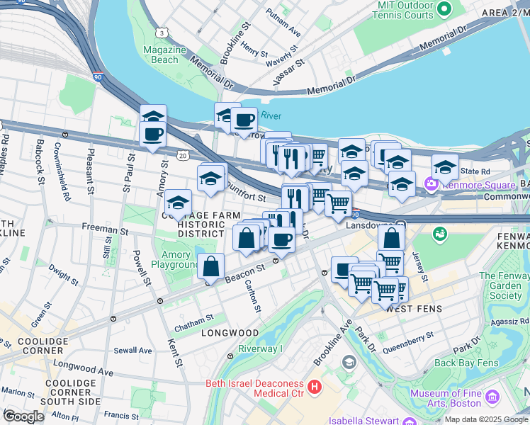 map of restaurants, bars, coffee shops, grocery stores, and more near 7 Euston Street in Brookline