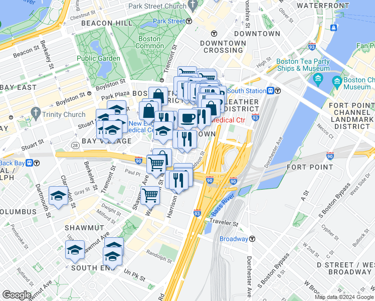 map of restaurants, bars, coffee shops, grocery stores, and more near 212 Harrison Avenue in Boston