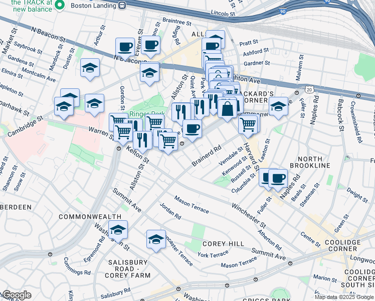map of restaurants, bars, coffee shops, grocery stores, and more near 1322 Commonwealth Avenue in Boston
