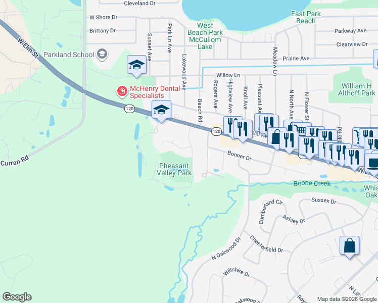 map of restaurants, bars, coffee shops, grocery stores, and more near 1415 North Scully Drive in McHenry