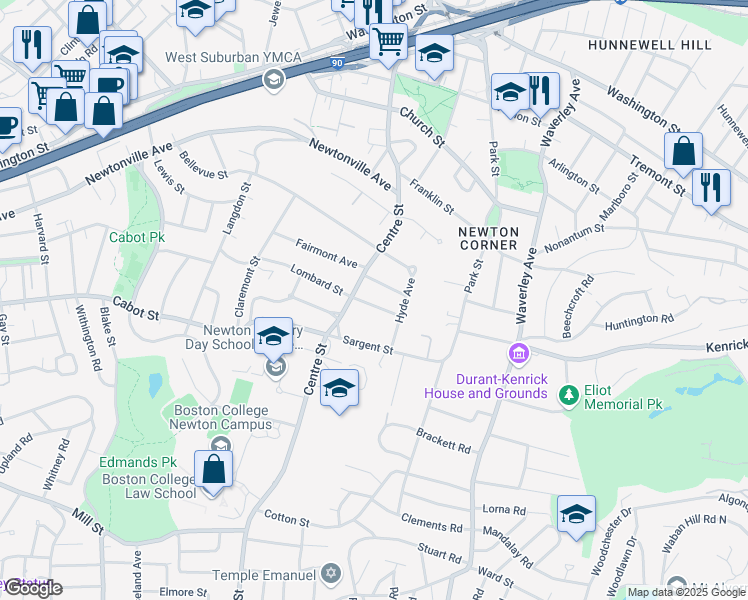 map of restaurants, bars, coffee shops, grocery stores, and more near 27 George Street in Newton