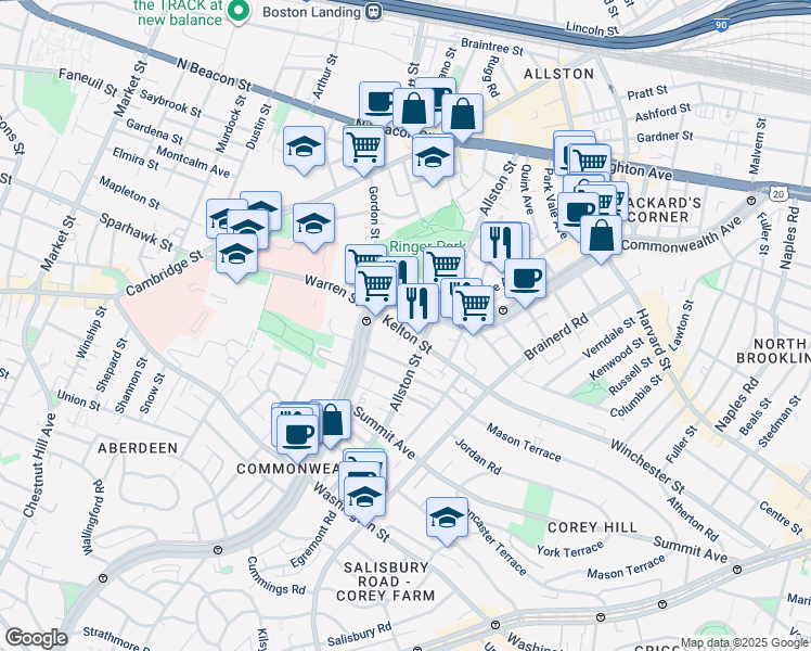 map of restaurants, bars, coffee shops, grocery stores, and more near 162 Kelton Street in Boston