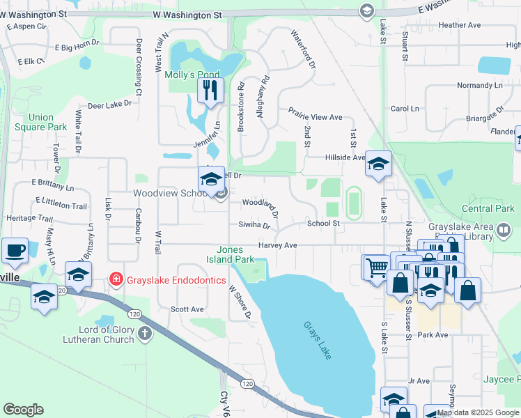 map of restaurants, bars, coffee shops, grocery stores, and more near 338 Woodland Drive in Grayslake