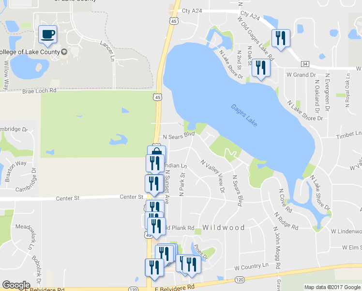map of restaurants, bars, coffee shops, grocery stores, and more near 33377 North Valley View Drive in Grayslake